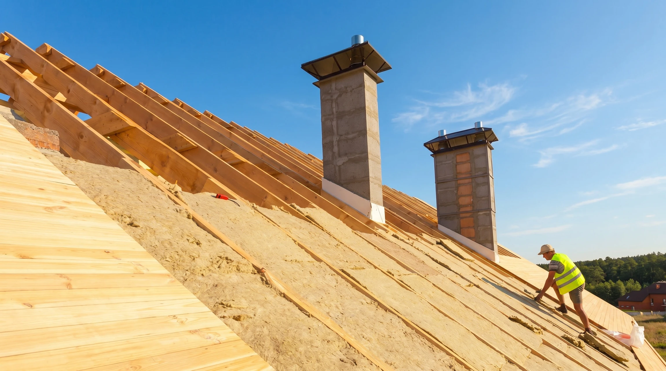 Chantier de construction résidentielle en cours, combles aménageables avec charpente bois apparente et isolation thermique jaune entre chevrons